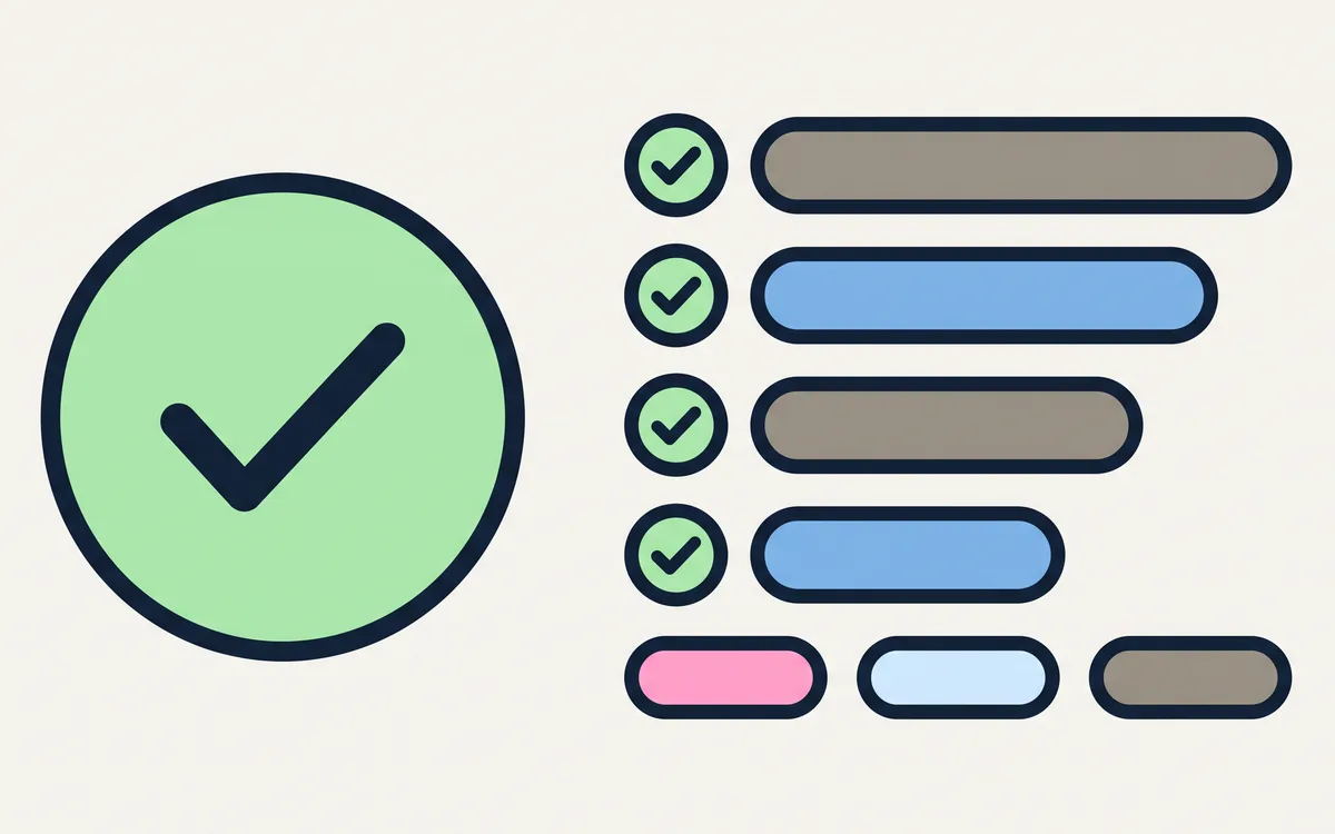 A checks-passed panel: a large green tick, four completed checklist rows, and three status pills.