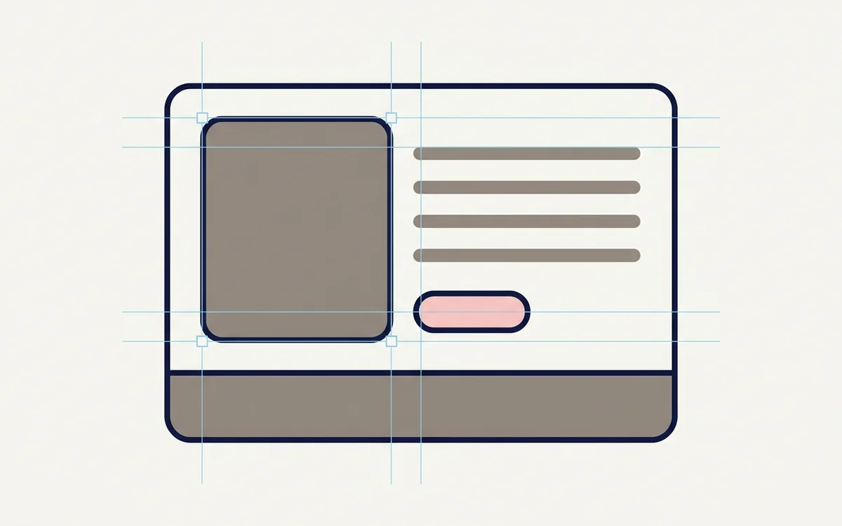 A page layout on an artboard: an image block, lines of body text, a button, and alignment guides.